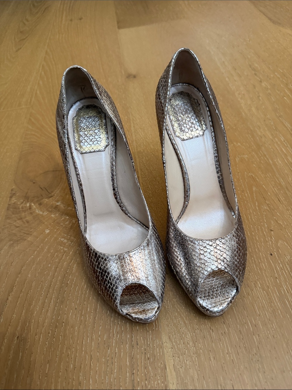 Dior Metallic Snake- skin Peep-Toe Pumps - Rose Gold,100% authentic